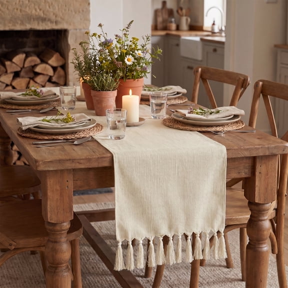 Sm:)e Beige Tassel Table Runner, 13x72 Inch, Boho Linen Blend Rustic Farmhouse Style, Holiday Wedding Party Kitchen Table Decor