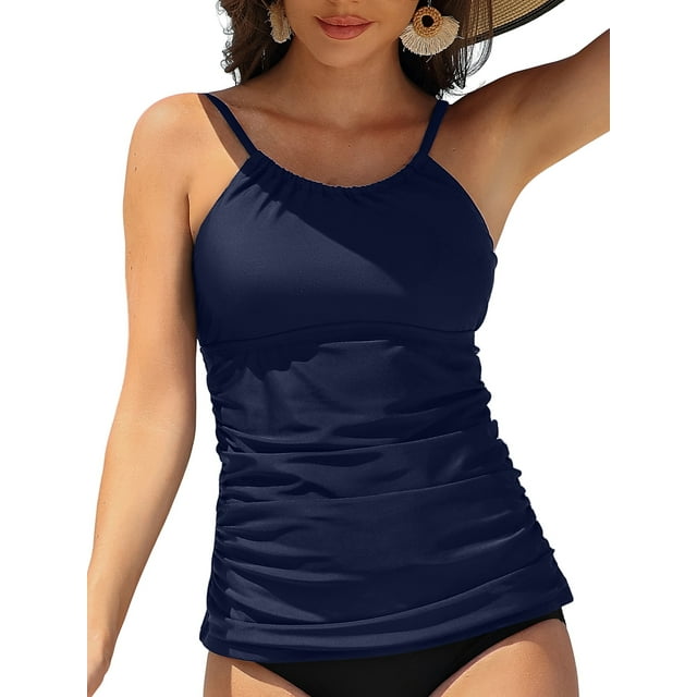 Charmo Haut de Tankini à Col Montant pour Femmes Seulement, Haut de Maillot de Bain Gainant, Haut de Bain Froncé Sans Bas