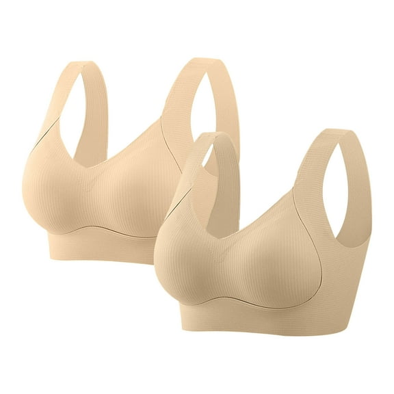Fatuov Comfort Bras for Women Wireless Full Coverage Seamless Soft Daily Bras for Casual Push Up Plus Size Bralette, 2-Pack, Khaki, 40C