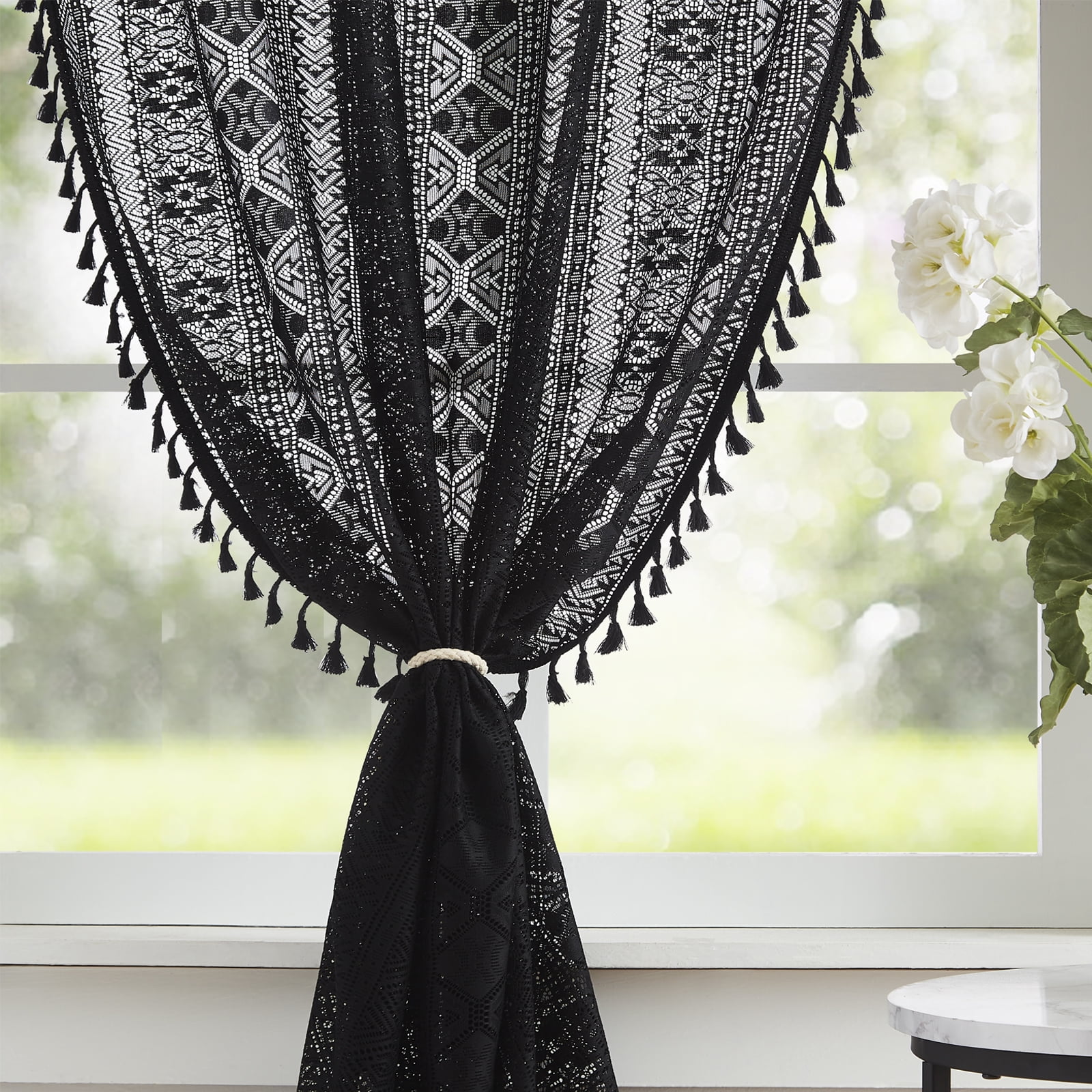 Bohogeo Black Linen Textured Tassel Sheer Lace Curtain Panels, Chic Crochet Geometry Knitting Rod Pocket Window Drapes for Living Room Bedroom, 2 Panels,63" L x 40" W