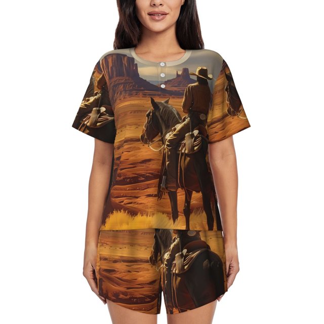 Balery Western Desert Cowboy Cloud Conjunto de Pijama para Mujer con Estampado, Dos Piezas de Manga Corta y Shorts, Ropa de Dormir Suave con Cuello Redondo y Bolsillos-4X-Large