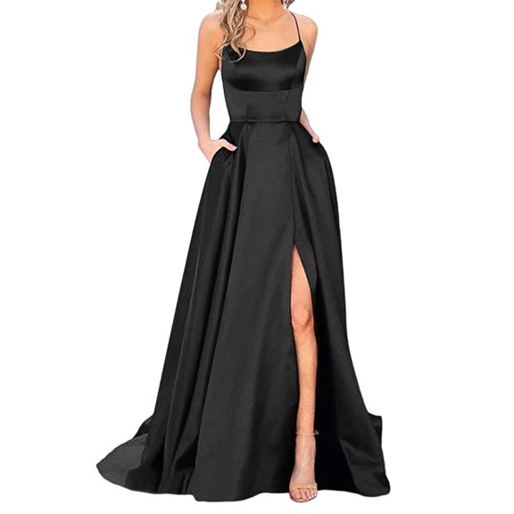 Quixlent Evening Dress Spaghetti Strap High Slit Off Shoulder Backless Sleeveless Side Pockets A-line Floor Length Satin Pure Color Prom Banquet Party Maxi Dress