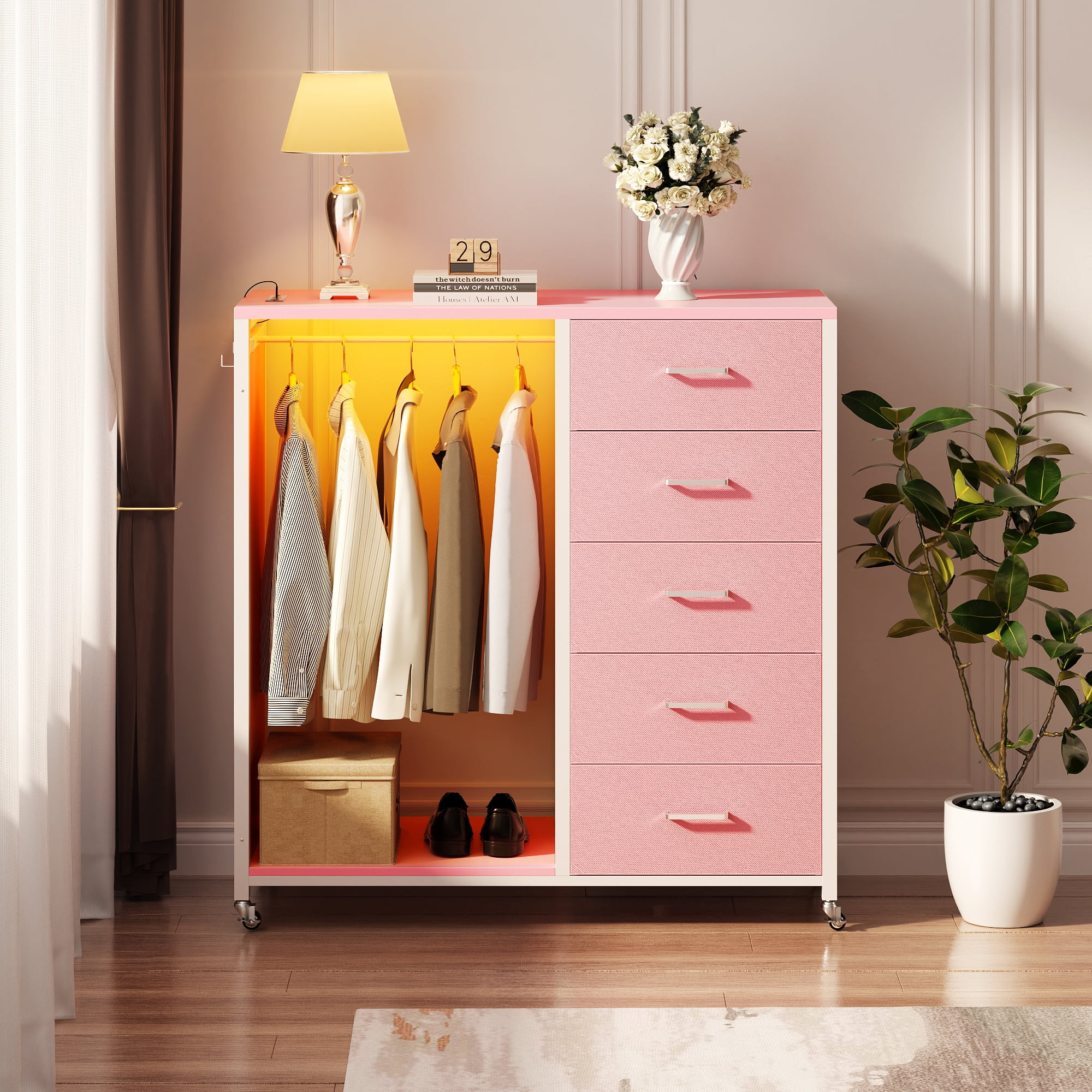Homieasy Dresser for Bedroom with Clothes Rack & Mirror, Black 5 Drawers Dresser with Charging Station & LED Lights, Rolling Chest of Drawers with Wheels, Full Length Mirror, Wooden Top