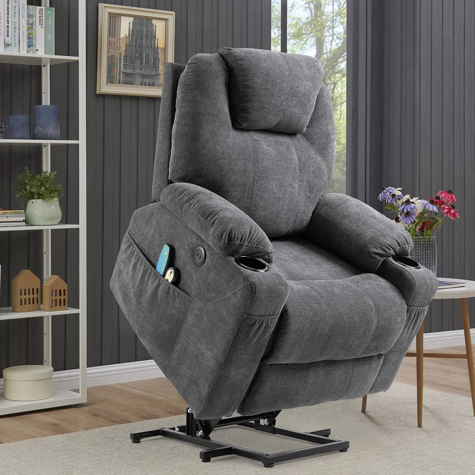 SOCIALCOMFY Power Lift Recliner Chair for Elderly, Heavy Duty Lift Chair with Heat and Massage, Soft Fabric Recliner Chair with 2 Remote Controls, Cup Holders, Side Pockets & USB Ports (Grey)