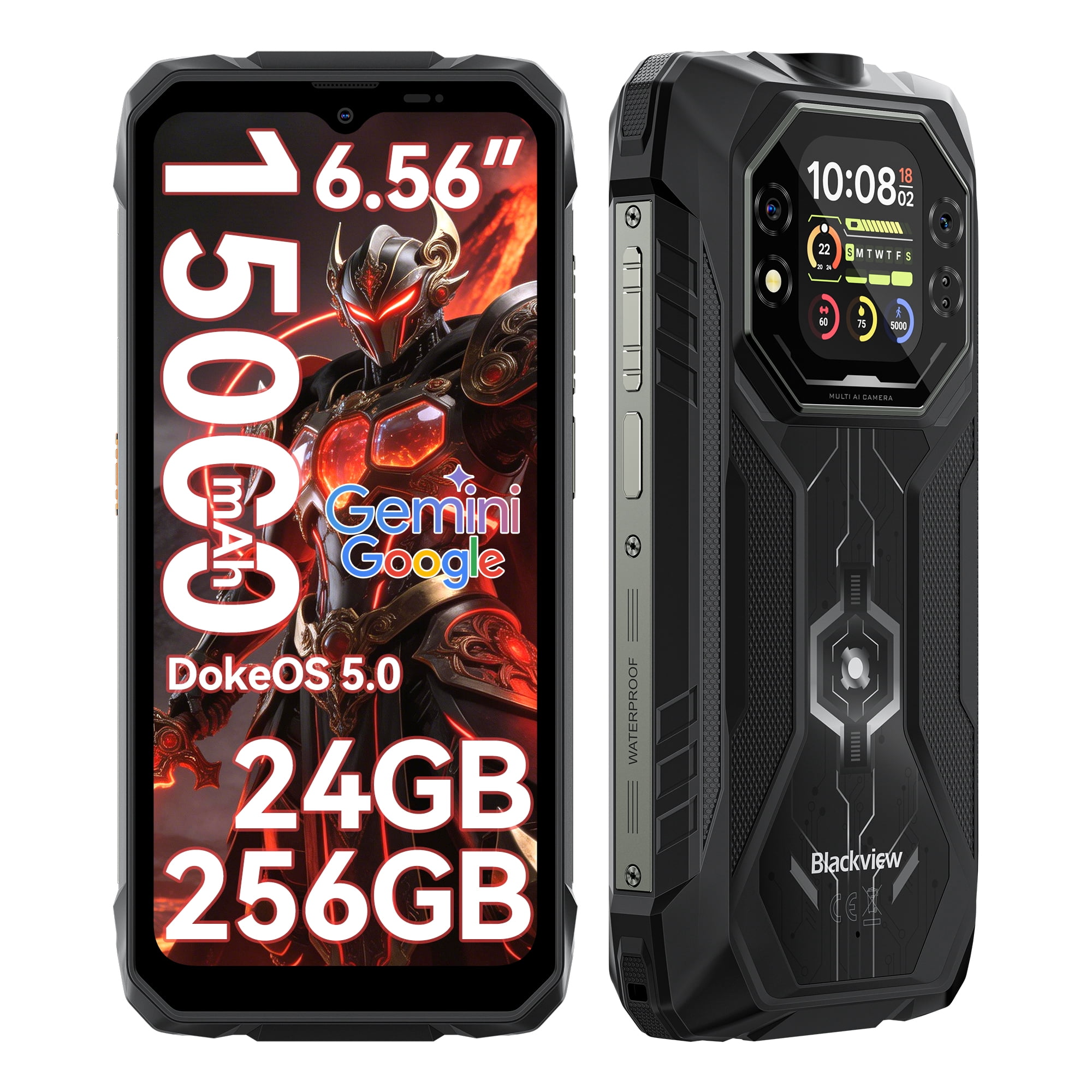 Blackview Rock 1 Android 16 Outdoor Mobile Phone without Contract 4G, 24GB + 256GB, 15000mAh Outdoor Smartphone, 6.56 Inch HD+ Dual Pantalla, 20MP + 16MP, IP68 Waterproof Construction Site Mobile
