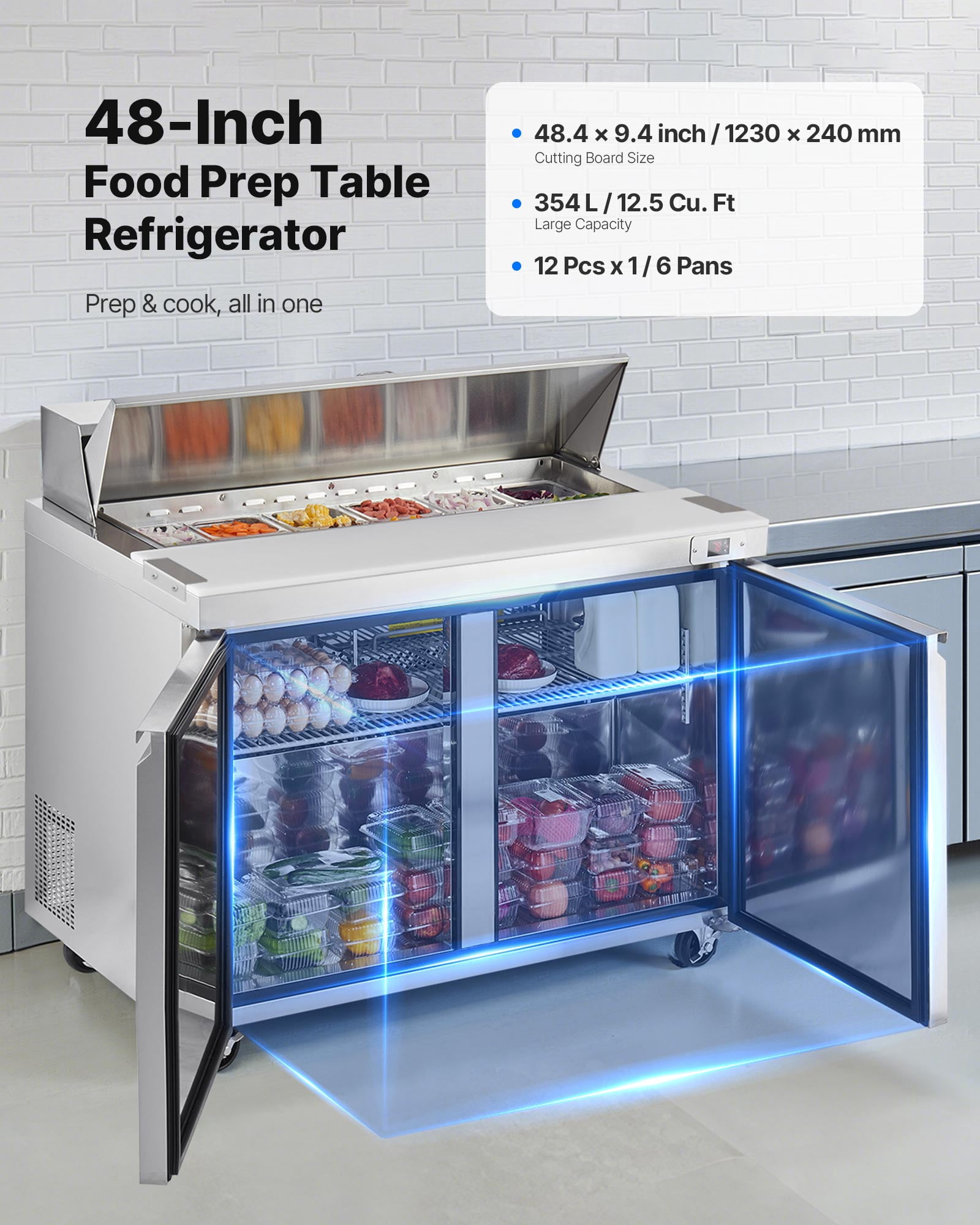 VEVOR 48" W Commercial Refrigerator, 12.5 Cubic Feet Sandwich Prep Refrigerator Table, Ultra Top Food Prep Refrigerator with 12 Pans & Cutting Boards