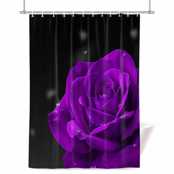 Purple Roses Shower Curtain, Flower with Water Droplets Retro Waterproof Shower Curtain Set with 12 Hooks Lightweight Bath Curtains Fabric Bathroom Decor 48x72 Inches