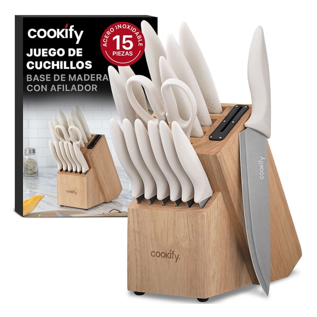 Juego de Cuchillos de Cocina COOKIFY Acero Inoxidable 15 Piezas con Base y Afilador, Madera/Marfil