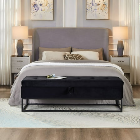 Newboti Furniture 58.6" Bed Bench Metal Base with Storage Black Velvet 77163