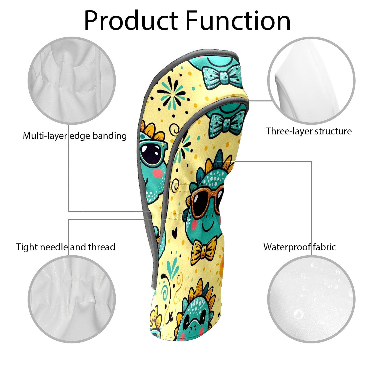Golf Club Covers, Yellow Sunglass Dinos Premium PU Leather Driver Hybrid Putter Head Covers with Velvet Lining, Waterproof Golf Gifts for Men Women