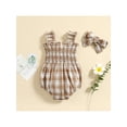 thumbnail image 3 of Summer Baby Girls Romper, Infant Sweet Style Plaid Pattern Lace Ruched Sleeveless Suspender Jumpsuit + Headwear, 3 of 9