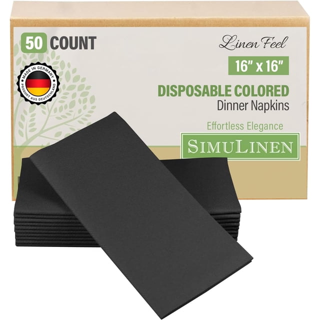 Colored Napkins - BLACK - Decorative Dinner Napkins - Cloth Like and Disposable - Elegant & Durable - Soft & Absorbent - Versatile 16"x16" - Packaged for Easy Storage - Box of 50 - by SimuLinen