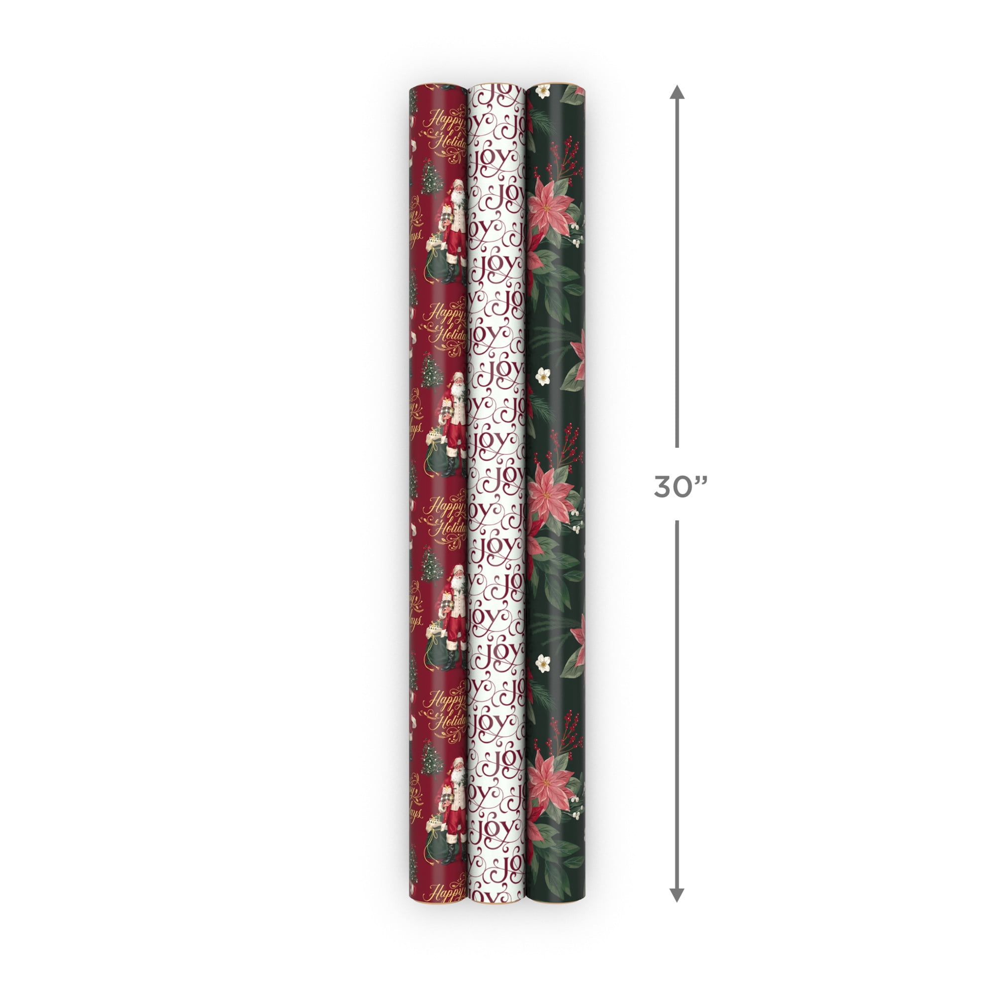 Hallmark Elegant Christmas Wrapping Paper Rolls (3 Rolls: 120 Sq. Ft. Total) Red "Joy" on White, Santa Claus and "Happy Holidays" on Red, Painted Poinsettia on Hunter Green