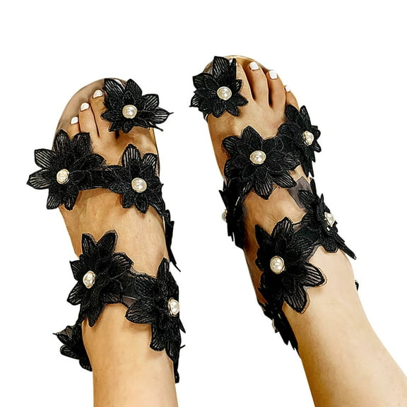 Anuirheih Sunflower Three-Dimensional Flower Pearl Flat Sandals Sandals Women Clearance(Black)