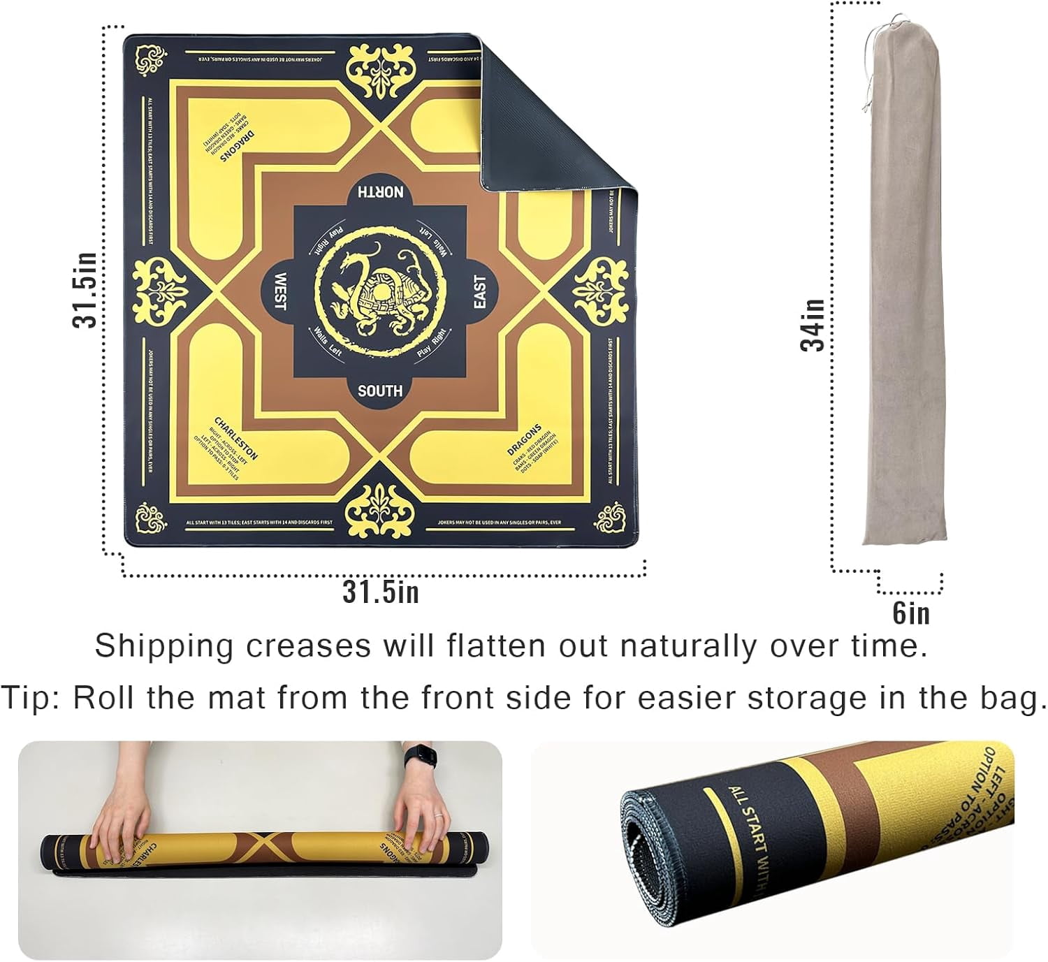Mahjong Mat with Rules 31" x 31" Non-Slip Noise Reduction, American Mahjong Mat for Table with Bag, Waterproof Mah Jongg Mat for Poker, Playing Cards, Dominoes, Board & Tile Games