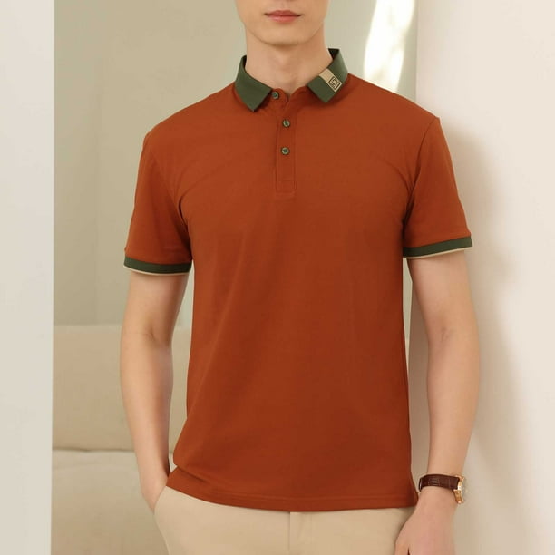 Blusa y camisa de manga corta con cuello vuelto para hombre, blusa informal de color liso con botones y manga corta con cuello vuelto, blusa de poliéster para hombre
