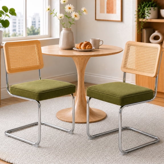 SESSLIFE Green Dining Chairs Set of 2, Rattan Cane Back Dining Room Chairs with Velvet Upholstered Seat, Cantilever Kitchen Chairs with Chrome Frame, 300 lbs