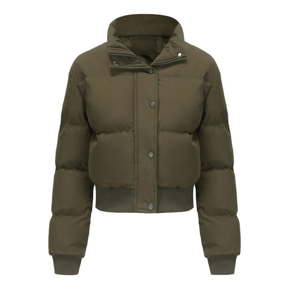 Women's Short Thicken Jacket Zip Up Solid Warm Coat for Autumn Winter Lightweight High Collar Padded Coat for Daily Wear Work