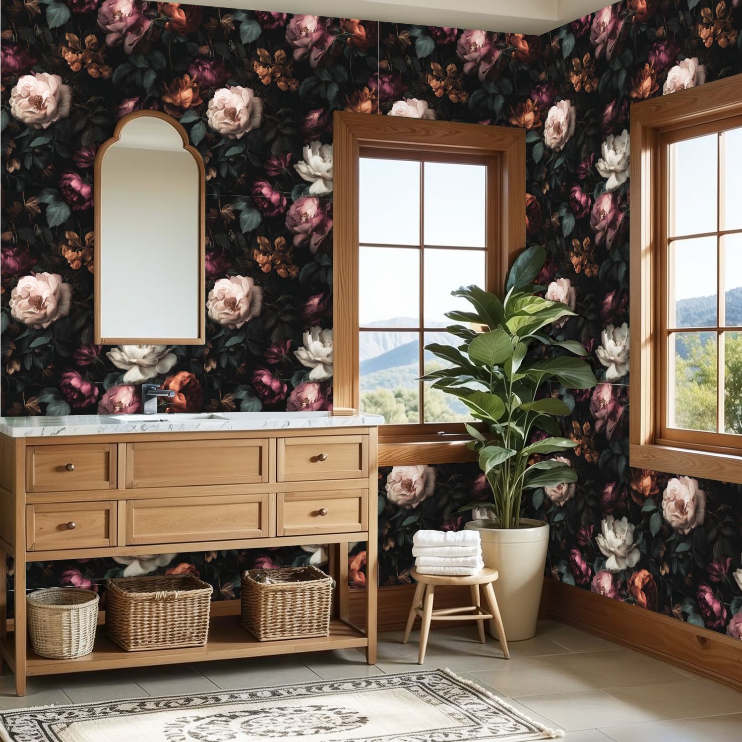 Peel and Stick Wallpaper Vintage Floral Soft Roses Dark Leaves Wall Mural 23.6in x 9.8ft Self Adhesive Removable Wall Paper Renter Friendly Wallpaper for Nursery Kitchen Bedroom Cabinets
