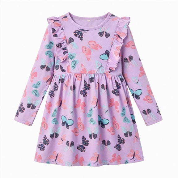 JUMEYU Little Girls Cotton Long Sleeve Cartoon Appliques Summer Casual Dress 7T 8T (Purple,7-8 Years)