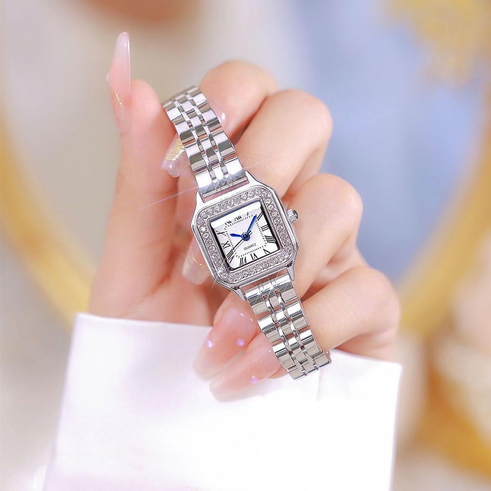 Gold Watches for Women Dainty Square Vintage Watches Luxury Ladies Diamond Accent Dress Stainless Steel Bracelet Watch Analog Quartz Waterproof Watch