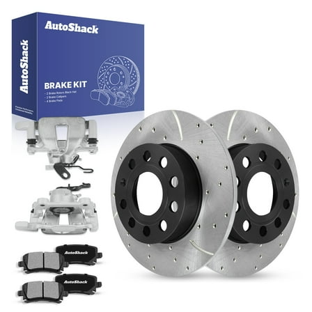 AutoShack Rear Drilled & Slotted Brake Rotors Ceramic Brake Pads Calipers | Replacement for 2005-2009 VW Jetta 2008 Rabbit 2008 Audi A3 2.0L 2.5L FWD | E-Coated | 8-PC Brake Kit | ShadowGuard