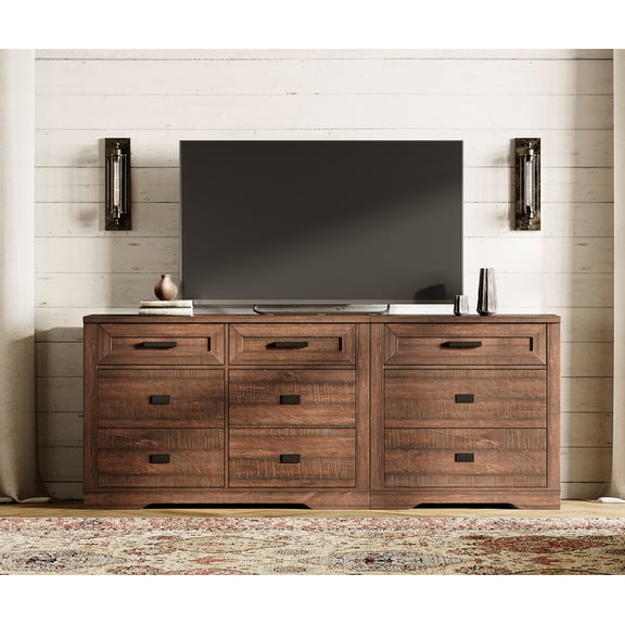 2 in 1 Dresser with 9 Drawers for Bedroom, Wooden Dressers with Small Chest of Drawers, Mid Century Modern Dresser with Metal Handles for Liviing Room, Hallway, Rustic Brown