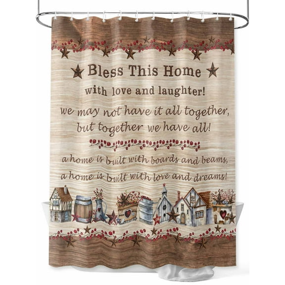 Brown Farmhouse Barn Stars Shower Curtain, Vintage Country Wood Texture Bathroom Decor Curtains Set with Hooks, Waterproof Fabric Home Accessories, 72 X 78 Inch Long