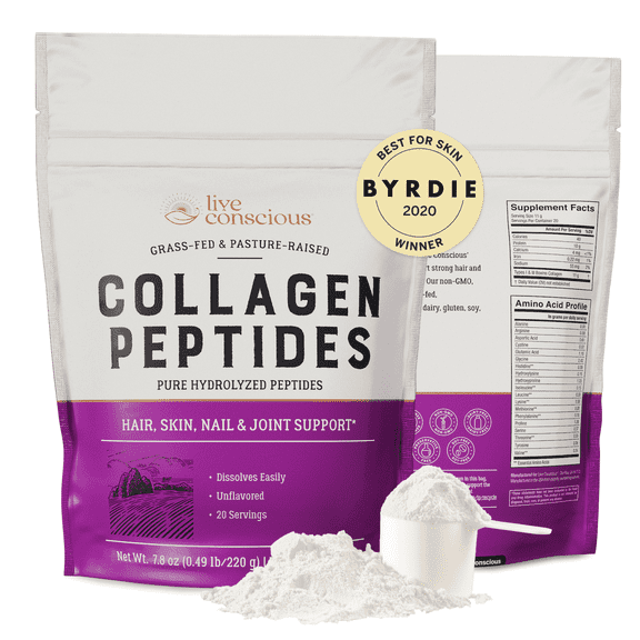 Live Conscious Collagen Peptides Powder, Unflavored, Grass-Fed Types I & III, Skin, Hair, Nails & Joint Support, 20 Servings