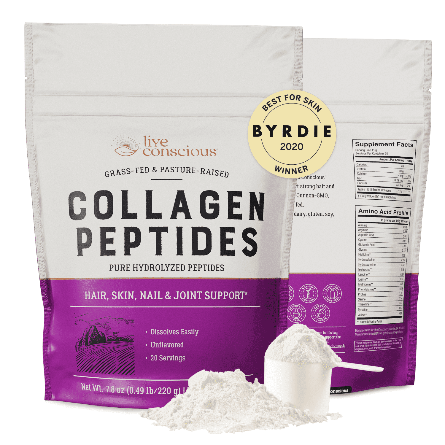 Live Conscious Collagen Peptides Powder, Unflavored, Grass-Fed Types I & III, Skin, Hair, Nails & Joint Support, 20 Servings