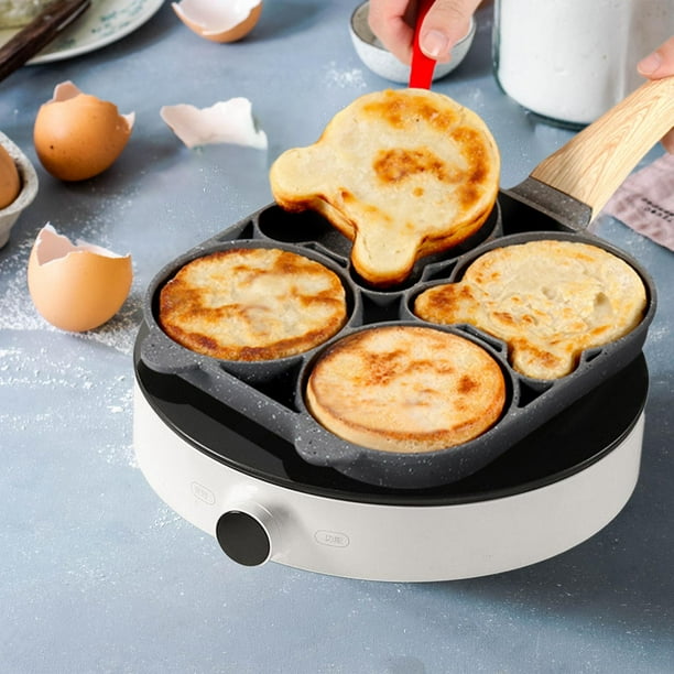 Olla para freír de aleación de aluminio con mango largo, aumento rápido de la temperatura, sin recubrimiento, olla para freír gruesa para jamón, panqueque, bistec, huevo Estilo A Macarena cacerola de cuatro agujeros