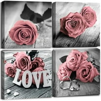 Pink Wall Decor Black and White Bathroom Wall Art Rose Gold Flower Canvas Prints Picture for Bedroom Kitchen Home Decoration 4Pcs/Sets Elegant Grey Floral Love Poster Painting Modern Artwork 12 x 12"