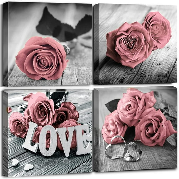 Pink Wall Decor Black and White Bathroom Wall Art Rose Gold Flower Canvas Prints Picture for Bedroom Kitchen Home Decoration 4Pcs/Sets Elegant Grey Floral Love Poster Painting Modern Artwork 12 x 12"