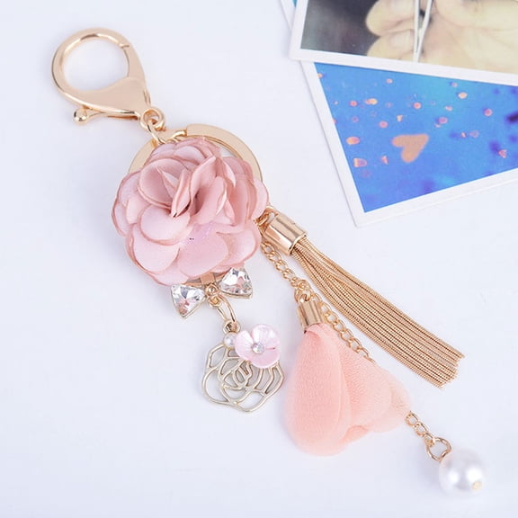 Soimiss Car Key Holder Flower Design Decorative Pink Cloth Rhinestone Zinc Alloy 1Pack