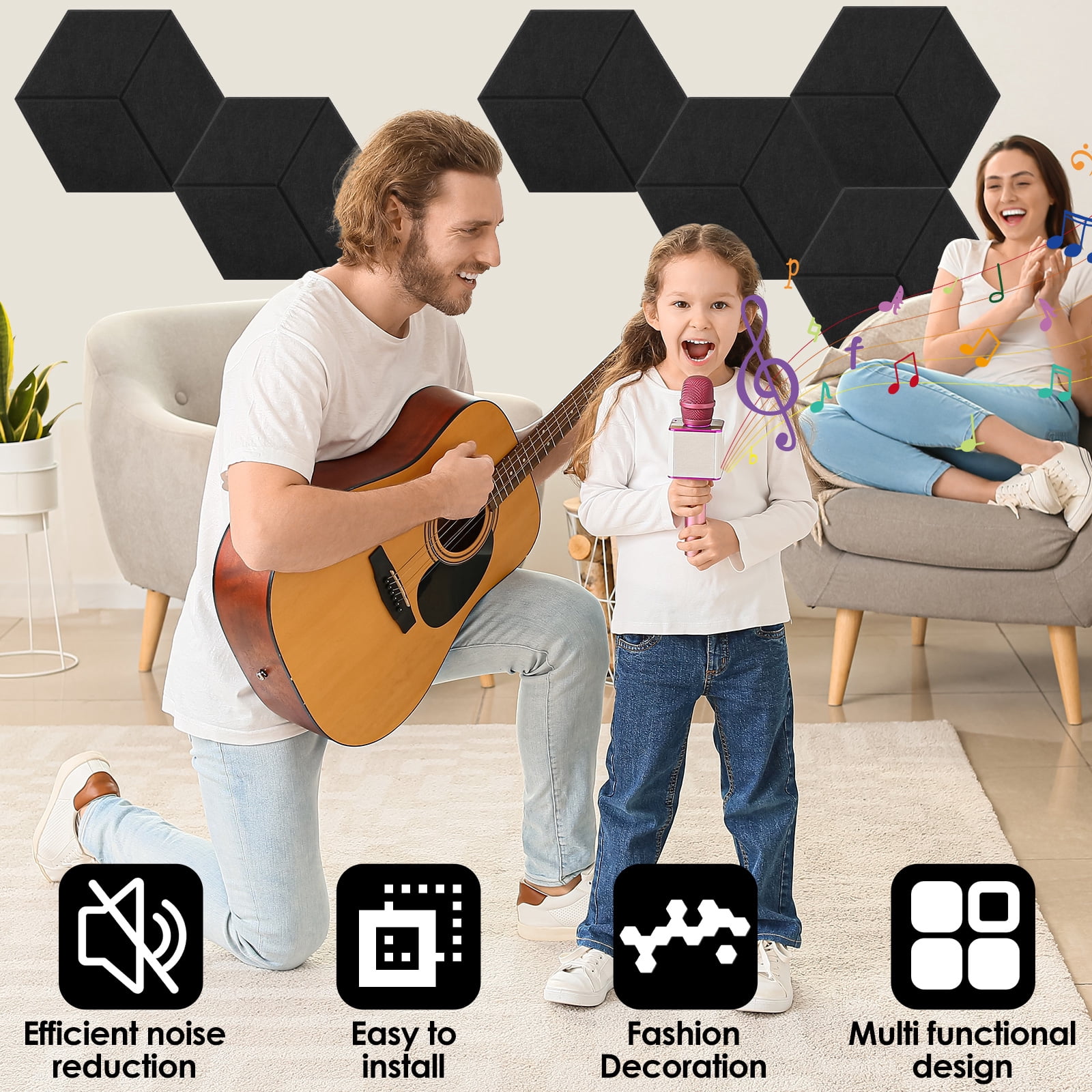 12 Pack Hexagon Acoustic Panels Self-adhesive TONOR 11.8"x10.24"x High Density Sound Proofing Panels for Walls Sound Deadening Insulation Treatment Sound Absorbing for Studio Office Home Black