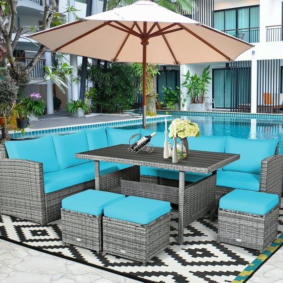 Costway 7 PCS Patio Rattan Dining Set Sectional Sofa Couch Ottoman Garden  Turquoise