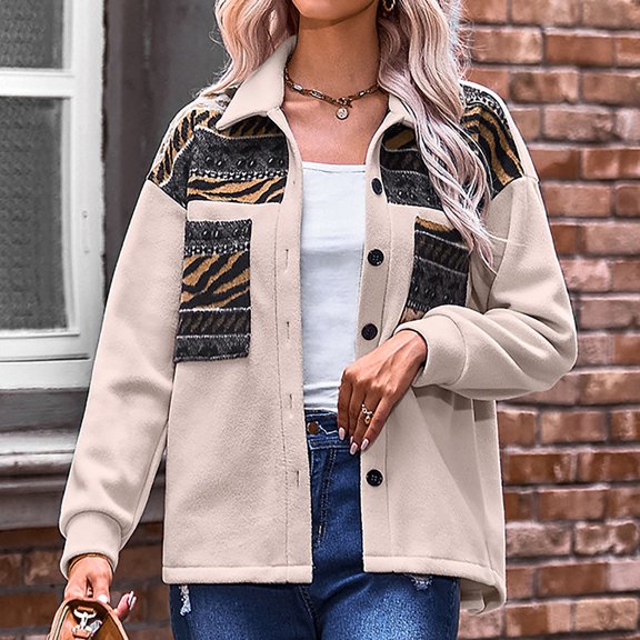 Lilgiuy Women Print Stitching Casual Long Sleeve Pocket Loose Lapel Cardigan Jacket Coat Winter Clothes for 2022