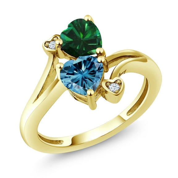 Gem Stone King 10K Yellow Gold Fashion Right-Hand Ring Heart Shape Green Nano Emerald and Vivid Persian Blue Moissanite (1.53 Cttw, Size 6)