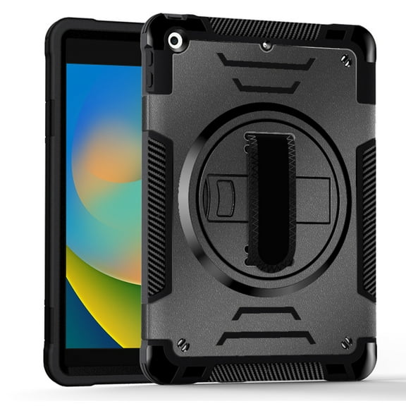 for iPad 9th/8th/7th Gen, Rugged Shockproof Case for iPad 10.2 2021/2020/2019 with Pencil Holder, 360 Rotating Hand Strap & Stand, Shoulder Strap, TPU PC 3 Layers Multi-Functional Cover - Black
