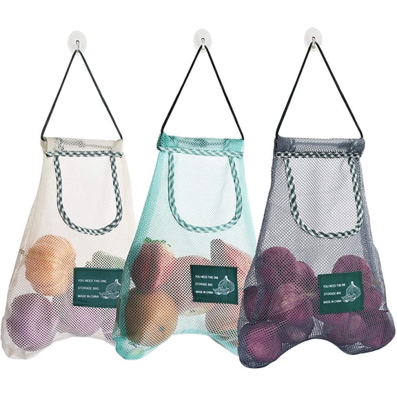3PCS Reusable Mesh Bag, Portable Produce Bags, Washable Hanging Storage Bags, Organizer Shopping Handbag for Fruit, Garlics, Onions, Potatoes