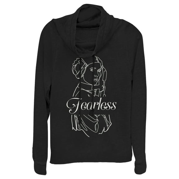 Junior's Star Wars Fearless Princess Leia Outline  Cowl Neck Sweatshirt Black Small
