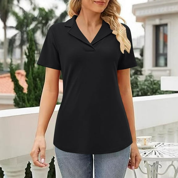 ITSAME T-Shirt for Womens, Solid Color Short Sleeve Lapel Casual Summer Loose Fashion Blouse Black S