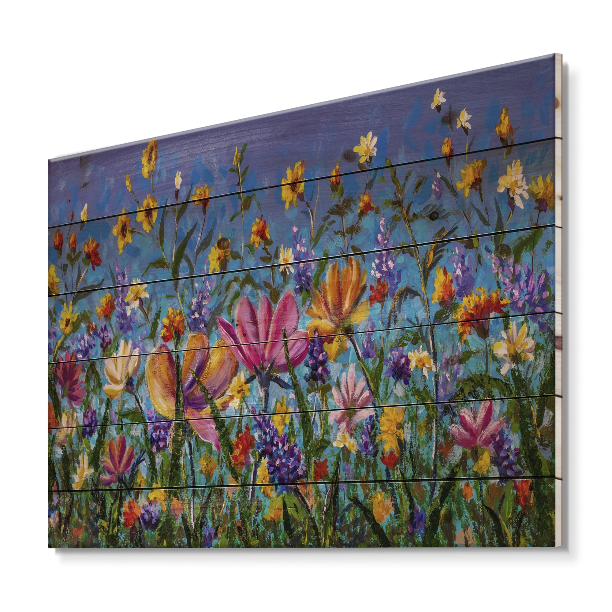 Designart 'Wildflowers and Daisies In Summer Garden Field I' Traditional Print on Natural Pine Wood