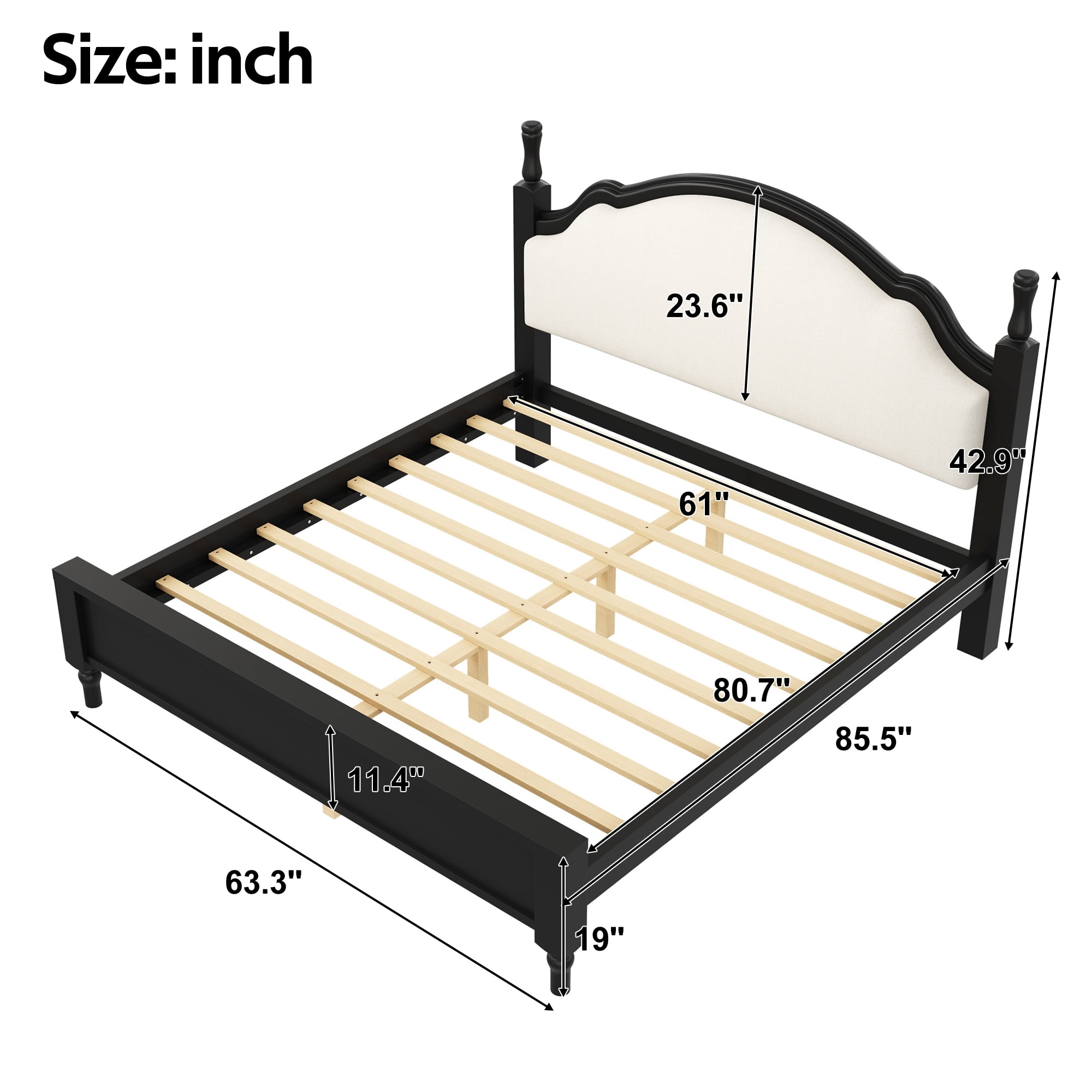 Alvantor Queen Size Wood Bed Frame with Upholstered Headboard, Beige+Black