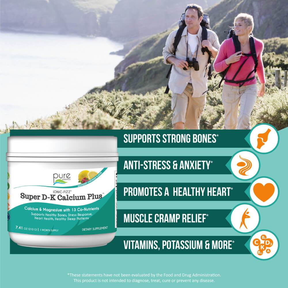 Ionic Fizz Super D-K Calcium Plus - Supplement with Magnesium, Zinc, Potassium, 12 Other Nutrients -Natural Sleep Aid, Anti Stress Powder, Strong Bones by Pure Essence - Raspberry Lemonade - 7.41 oz