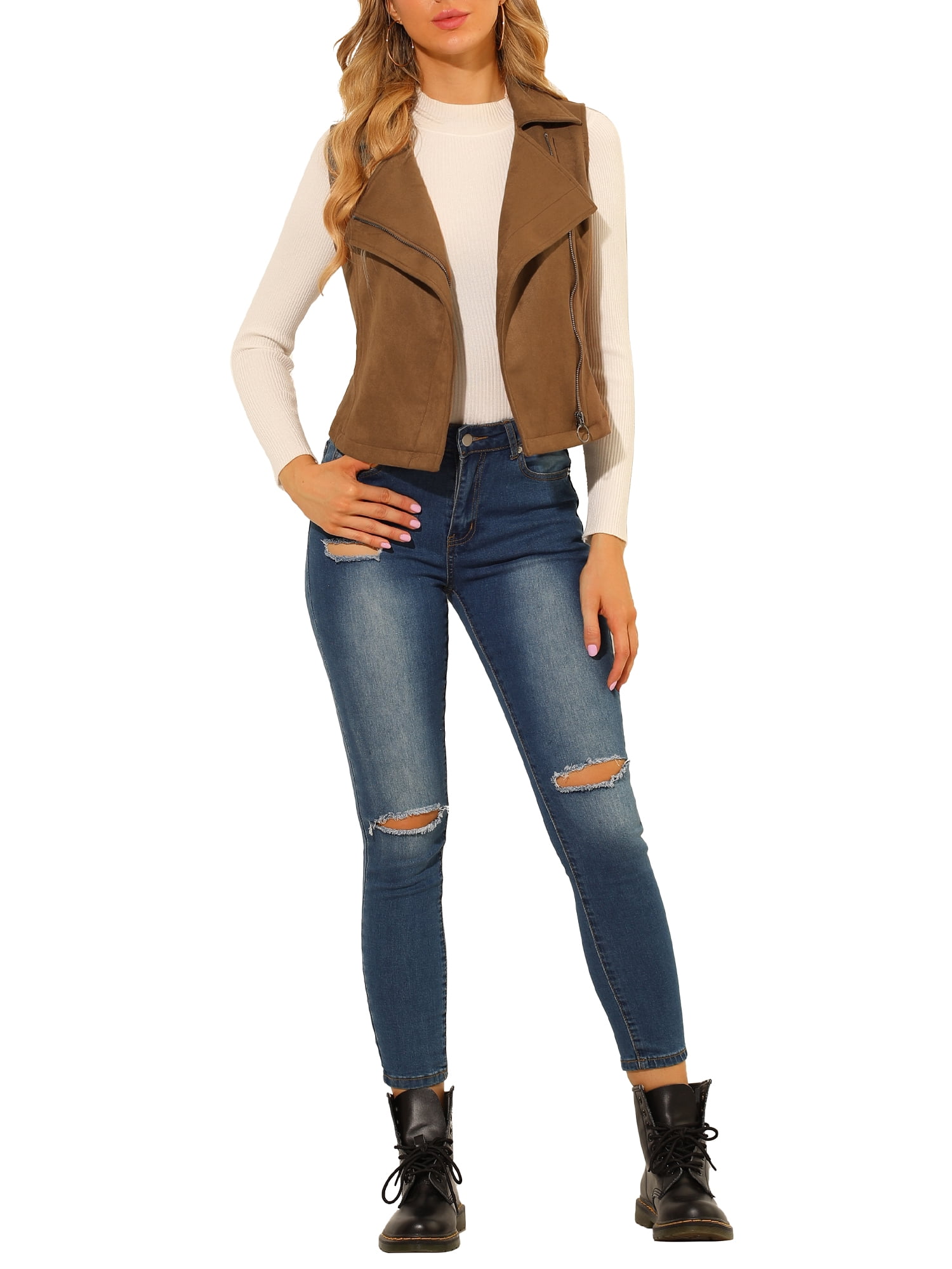 DARING DIVA Women's Faux Suede Female Short Jacket Outwear Vest M Camel