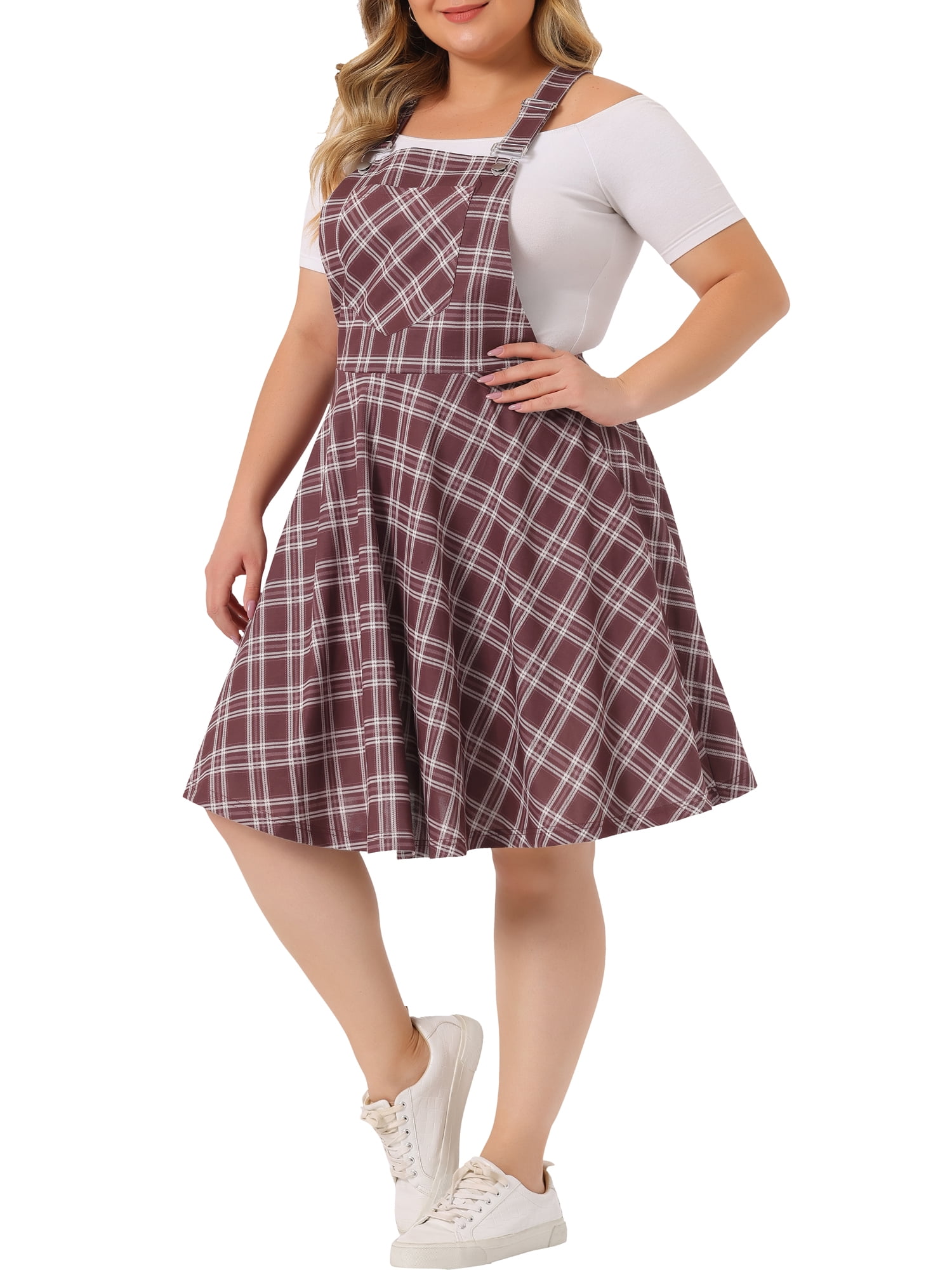 Unique Bargains Women's Plus Size Overall Pinafore Adjustable Straps Swing Short Dress 3X Red White