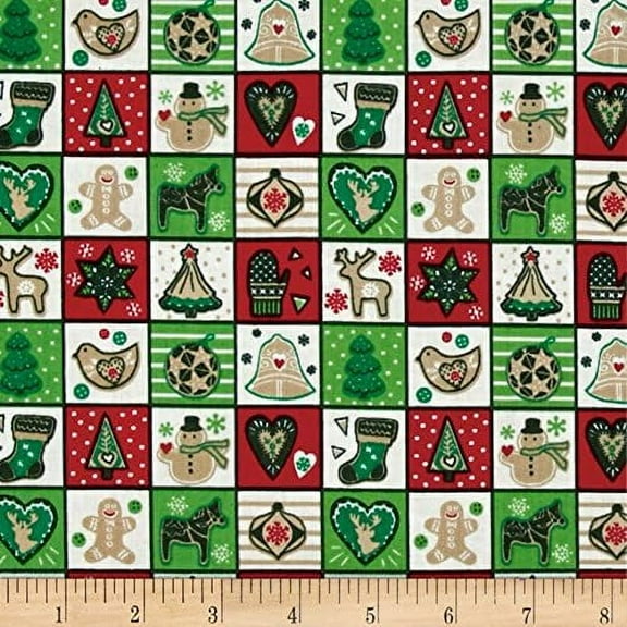 Fabric-Quilt Christmas Seasons Greetings Squares Multi 100% Cotton Fabric sold by the yard