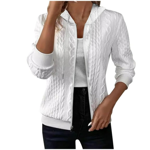 Vrorvz Womens Cable Knitted Hoodies Solid Color Zip Up Hooded Long Sleeve Sweatshirt Cardigan Sport Blouse