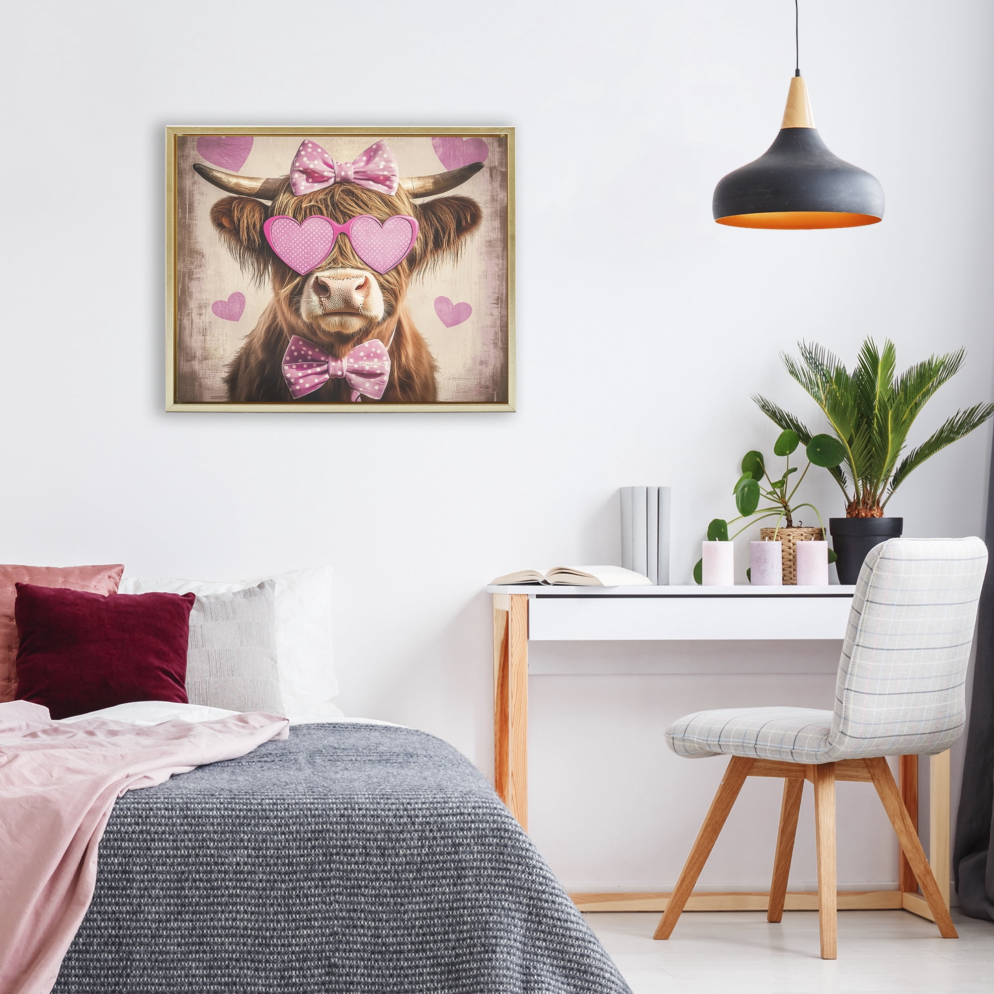 Cute Cattle Pink Hearts Gold Framed Floater Canvas Wall Art, design by Shawna Stewart